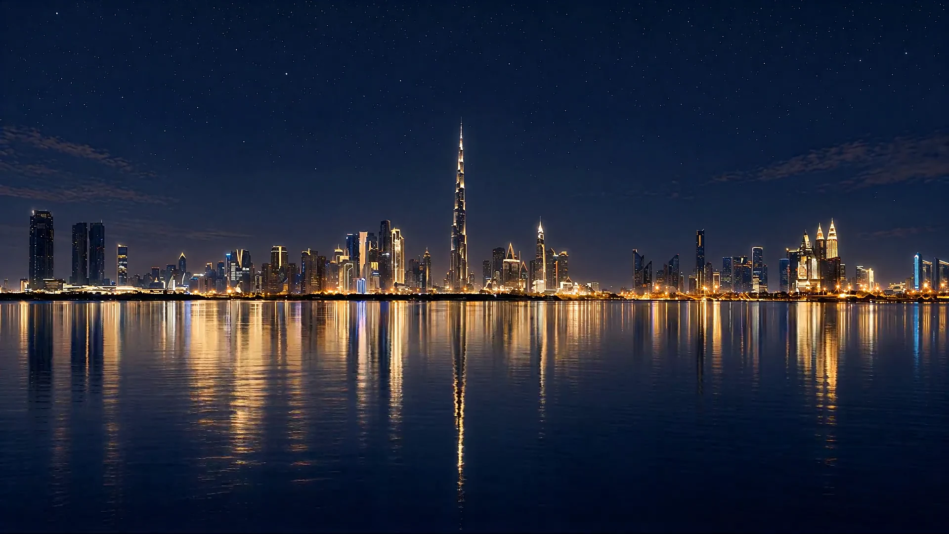 The Dubai skyline across the water at night